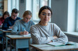 © Pixels Pictures - Classroom Female Students at Wooden Desks