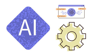 Poster - AI diamond emblem, digital interface with atom, and gear represent AI, technology, machine learning, automation, innovation, coding system optimization. Ideal for tech landing page