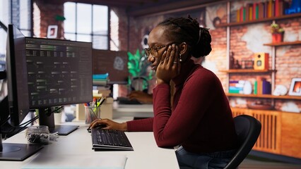 Aufkleber - Tired admin in AI startup office having strained eyesight from overworking, getting help from senior manger. Woman removing eyeglasses to rub eyes, encouraged by team leader to take break, camera B