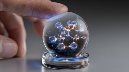 Poster - Scientist interacting with a futuristic holographic projection of a complex molecule within a glass sphere, representing advanced drug discovery in a modern laboratory