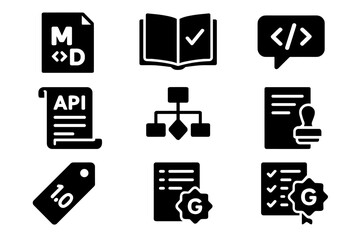 Development, coding solid icon set. programming, api, software icons solid collection