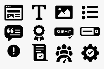 Web development solid icon set. ui, ux, coding, browser, search and chat icons