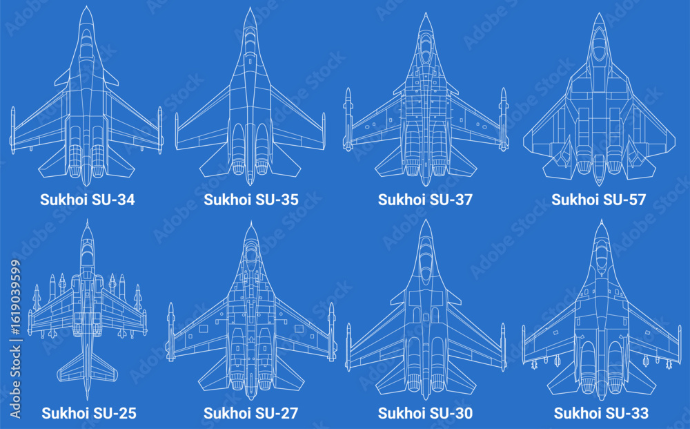 Su 89 Set of sukhoi fighter jet in blueprint style from top view. Vector ...