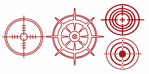 Poster - Red line art showing three target crosshairs and a ship wheel arranged on a white background created with generated ai