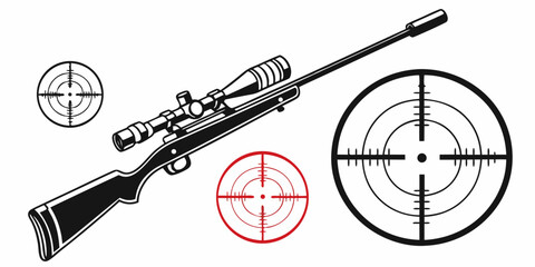 Poster - Illustration of a rifle with a scope and three crosshairs in black and red on a white background created with generated ai