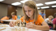 © Helena - summer stem camps. Young girl focused on building a geometric structure with wooden sticks during a creative workshop, showcasing concentration and hands-on learning in a collaborative environment