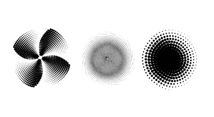 Abstract geometric design elements. A set of three circular shapes with halftone dot patterns and radial gradient effects for modern graphics.