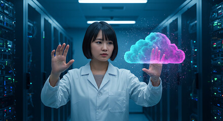 Poster - Digital Cloud Interaction: A tech-savvy professional in a modern data center interacts with a glowing cloud interface. The cutting-edge technology and the person at work show the future