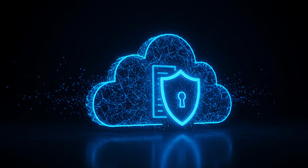 Poster - Cloud Security Illustration: a glowing digital cloud with a protective shield symbol, representing data security and privacy in a modern, tech-driven world.