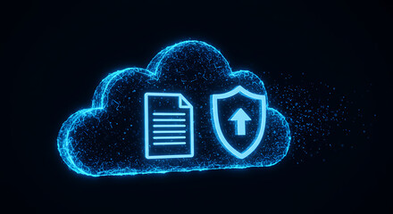 Poster - Digital Data Security in Cloud: A conceptual representation of secure data storage, featuring a glowing cloud silhouette enveloping a document and shield. Representing data protection, backup.