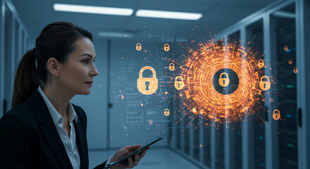 Poster - Cybersecurity Professional at Work: A focused cybersecurity professional, dressed in formal attire, diligently monitors and manages intricate digital data encryption.