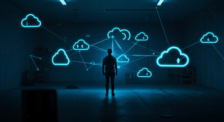 Poster - Connecting to the Digital Cloud: a lone figure stands in awe before a constellation of luminescent cloud icons, the embodiment of data, showcasing the vast and interconnected world of information.