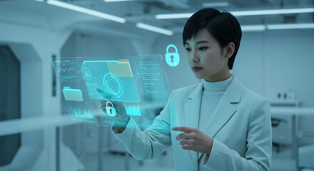 Poster - Cyber Security Expert: A focused individual, interacts with futuristic holographic interface, immersed in a high-tech environment symbolizing data protection.