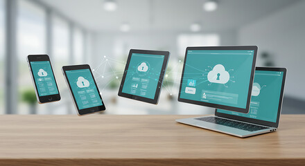 Poster - Cloud Synchronization: Various devices connect to the cloud, symbolizing seamless data transfer and storage, showcasing the essence of modern digital connectivity.