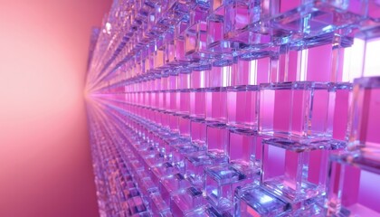 Poster - Abstract geometric background with colorful cubes in pink, purple hues. Digital creation features shiny, metallic texture, grid structure, offering futuristic perspective with vibrant neon colors.