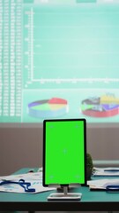 Poster - Vertical Video Empty copy space on device in the boardroom with charts on projection board, business performance data for late night strategic planning and report analysis. Corporate development.