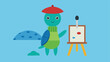 © Justlight - Artistic Turtle Studio Inside a cozy studio filled with art supplies a stylish turtle wearing a patterned beret stands next to a tall easel. The canvas depicts a playful underwater
