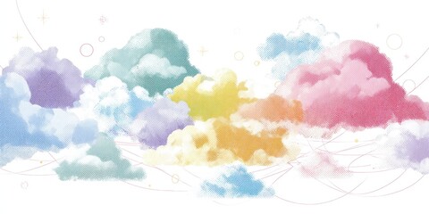 Poster - Clouds with digital connections on a white background simple design, flat colors, colorful gradients, white space, clean lines, white background Generative AI