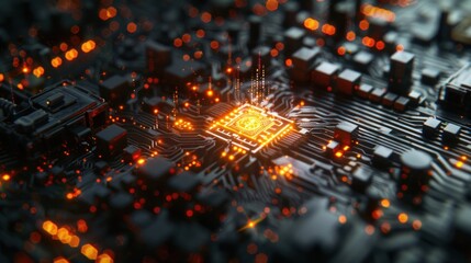 Detailed computer chip glowing circuitry and digital technology background