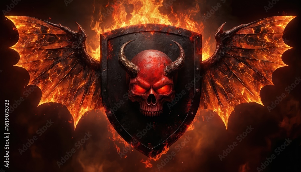 Ilustración de Stock Illustration of demonic skull shield with fiery ...
