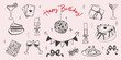 © Olga Rai - Birthday party set in hand drawn coquette style. Whimsical chalk doodles for girls bachelorette. Crayon drawing for menus and invitations. Doodle contour vector illustration