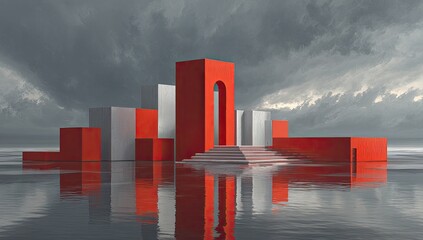Poster - Red geometric archway, stormy sea, product display