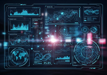 Futuristic digital interface displaying data visualizations, graphs, and charts, with a glowing effect.