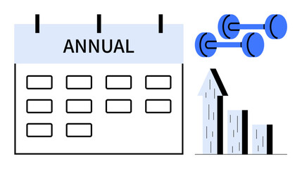 Poster - Annual calendar with monthly grid, blue dumbbells symbolizing health, and upward bar graph growth. Ideal for fitness planning, goal setting, productivity, health tracking, business growth
