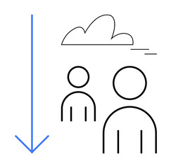 Poster - Cloud above two abstract human figures with minimalistic lines and a large downward arrow. Ideal for teamwork, leadership, authority, communication, decisions, societal roles, workplace dynamics