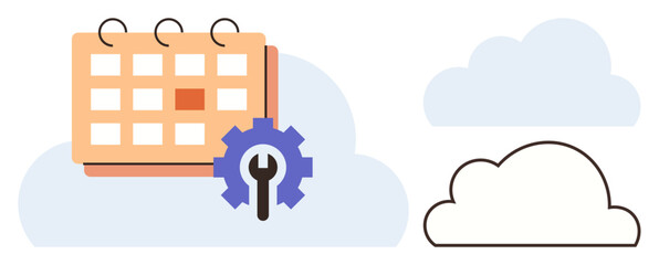 Aufkleber - calendar with highlighted day and gear icon placed on clouds, symbolizing online scheduling, cloud-b