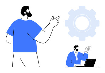 Poster - Colleague gestures at gear icon, symbolizing solutions and productivity. Ideal for teamwork, goal-setting, strategy, problem-solving, consulting, operations workplace communication. Clean flat