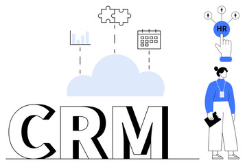 Aufkleber - cloud connecting crm lettering with puzzle pieces, analytics chart, calendar, hr concept, and busine