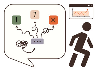Poster - Speech bubble with tangled path connecting options , , X, person walking figure, graph window. Ideal for solutions, goals, analysis, challenges planning strategy simple flat metaphor