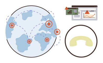 Poster - Globe connected with locations, warning marks, data charts, and communication icons. Ideal for cybersecurity, connectivity, global communication, network monitoring, analysis risk management