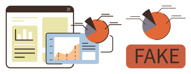Poster - Interactive data charts and analytics tools visualizing fake information. Pie graphs, line charts misrepresented. Ideal for fraud detection, fact-checking, critical analysis, data integrity