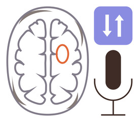Poster - Brain diagram with marked language region, microphone graphic, arrows for communication flow. Ideal for neuroscience, language processing, AI, cognitive research, neural networks, voice recognition