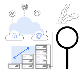 Poster - Cloud computing infrastructure linked to secure servers, global access, and magnifying glass. Ideal for tech, communication, cybersecurity, cloud services, data analysis, innovation IT illustration