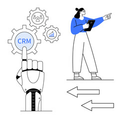 Poster - Robotic hand interacts with CRM gear icons for data, analytics, team processes. Professional with tablet points to strategy. Ideal for tech, automation, CRM, teamwork, strategy innovation simple