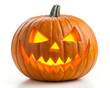 © Googl - A single carved orange jack o lantern with a smiling face on a white background for halloween season