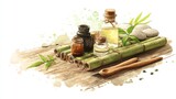 A watercolor illustration of bamboo stalks, essential oil bottles, leaves, stones, and a wooden spoon arranged on a mat, evoking a natural spa or wellness setting.