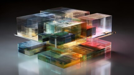 Poster - Transparent glass or resin blocks revealing complex internal circuitry. Illustrating advanced stacked chiplet architecture and highlighting innovative materials and layers in semiconductor technology