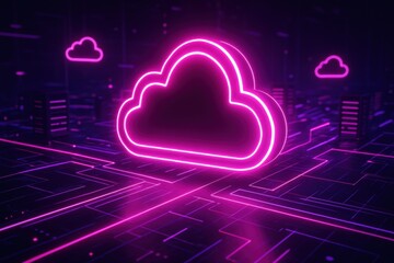 Poster - Cloud Neon Data: A digital rendering showcases the cloud, neon pink, floating above an intricate network, emphasizing data and connectivity.