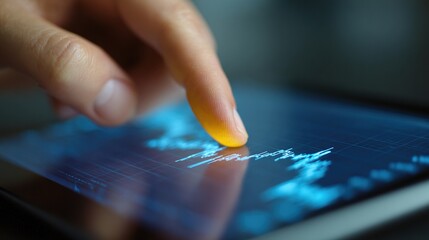 Poster - Financial Data Touch: A close-up view of a hand gently touching a digital tablet screen, analyzing an intricate financial graph with meticulous detail, suggesting insights and decisions