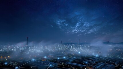 Poster - City Lights and Network of the Future: A sprawling cityscape glows under a twilight sky, with a network of illuminated nodes overlaid.