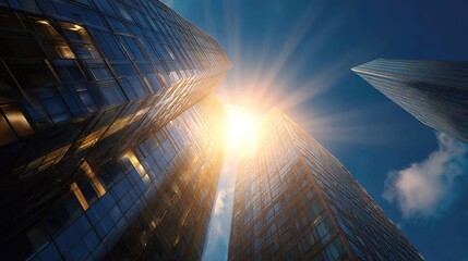 Poster - Modern Architecture: The imposing skyscrapers pierce the sky, reflecting the radiant sun, a symbol of ambition, business and innovation.