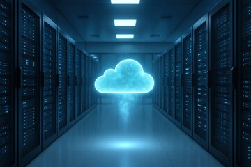 Poster - Cloud Computing and Data Center: A digital cloud hovers gracefully above a row of advanced servers in a state-of-the-art data center, illuminated with a cool blue light.