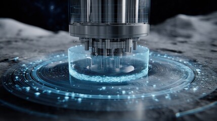 Poster - Futuristic ramming device generating sound waves on the lunar surface, highlighting advanced technology and innovation in space exploration with a glowing blue holographic interface