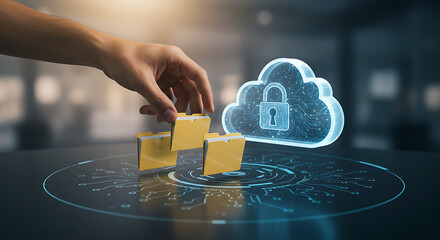 Poster - Data Security in the Digital Cloud: A hand reaching for a folder, symbolizing data transfer and the importance of data security. A digital cloud with a lock.