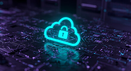 Poster - Cyber Cloud Security: Illustrating digital safety with a luminescent cloud and padlock, the image embodies secure online data storage.
