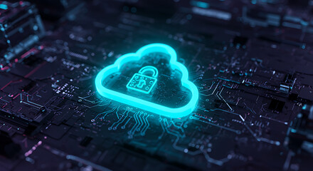 Poster - Cloud Security in Tech Era: A glowing cloud icon with a padlock against the backdrop of a complex circuit board, representing data security, protection and privacy in the digital age. 